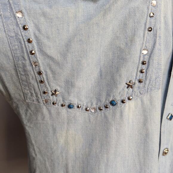90s Vintage Embellished Denim Snap Button Up Shirt Light Wash Size Small - Picture 11 of 16